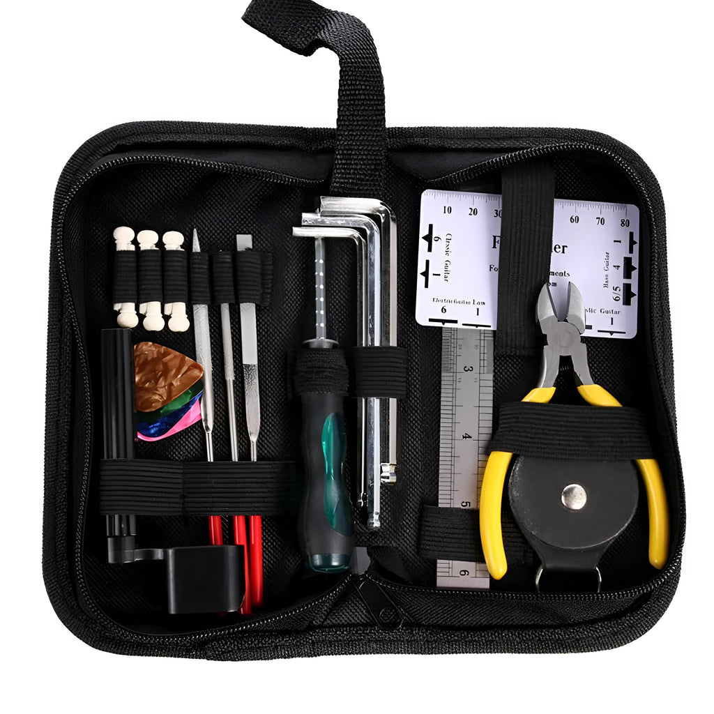 Black plastic guitar repair tool kit case with metal maintenance tools for string instruments