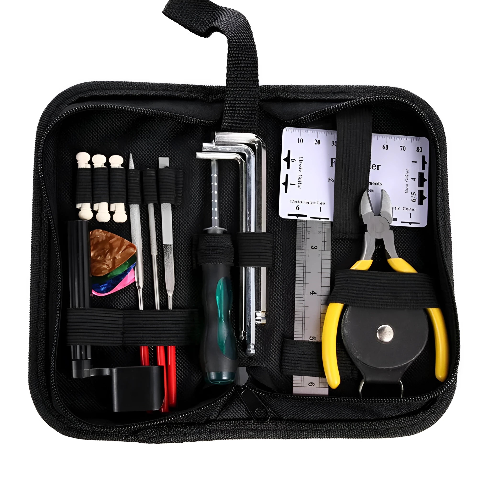 Black plastic guitar repair tool kit case with metal maintenance tools for string instruments