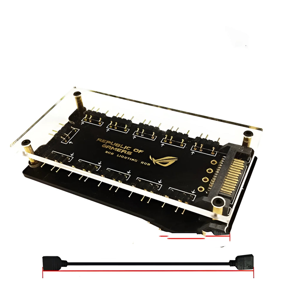 Black AURA RGB One Point Ten 5V SATA power hub with ten 3-pin outputs for PC lighting
