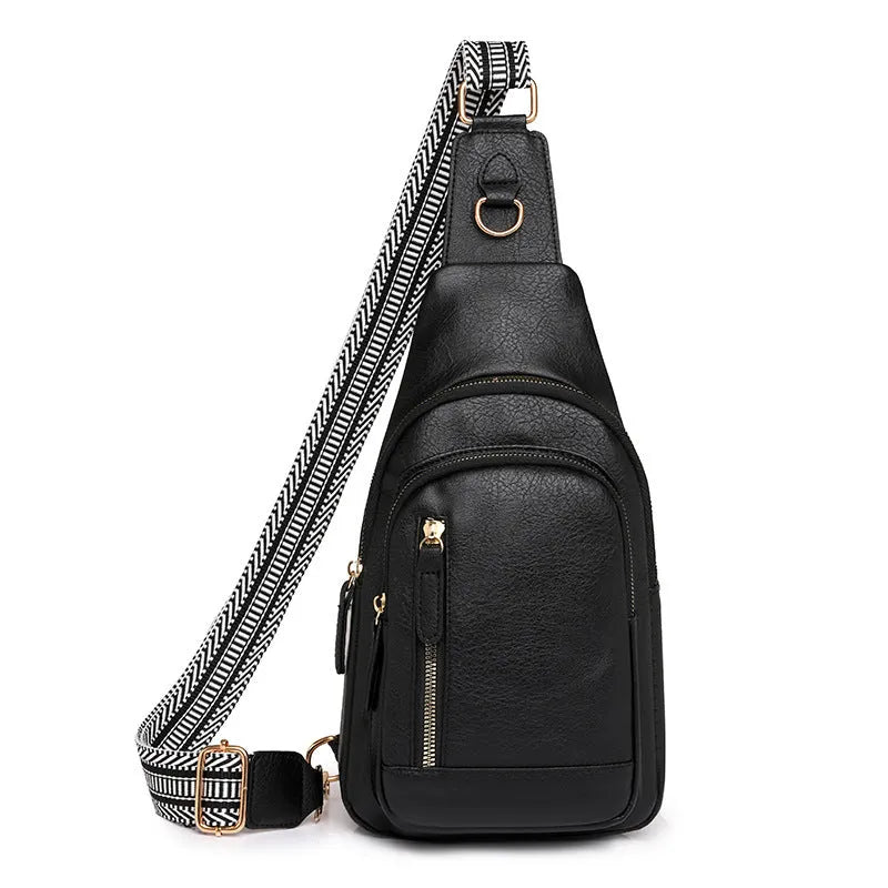 Soft brown women's crossbody chest bag showing zip compartments and street-style sewing thread detail