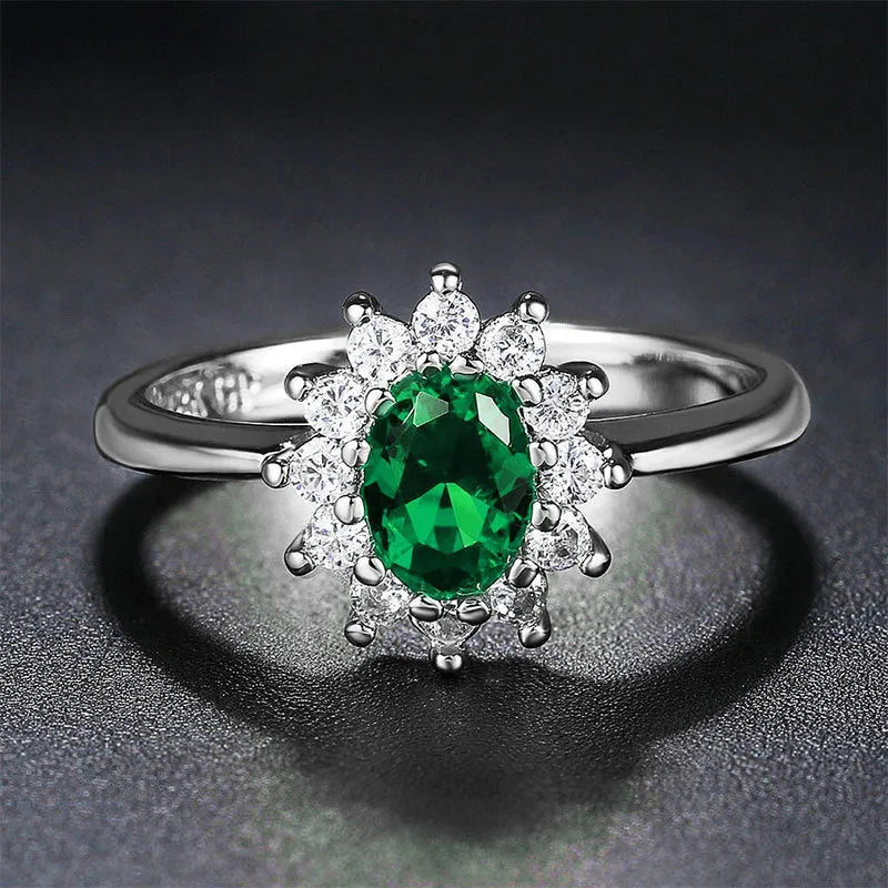 Copper women's floral ring with cubic zirconia stone in electroplated green, blue or red finish