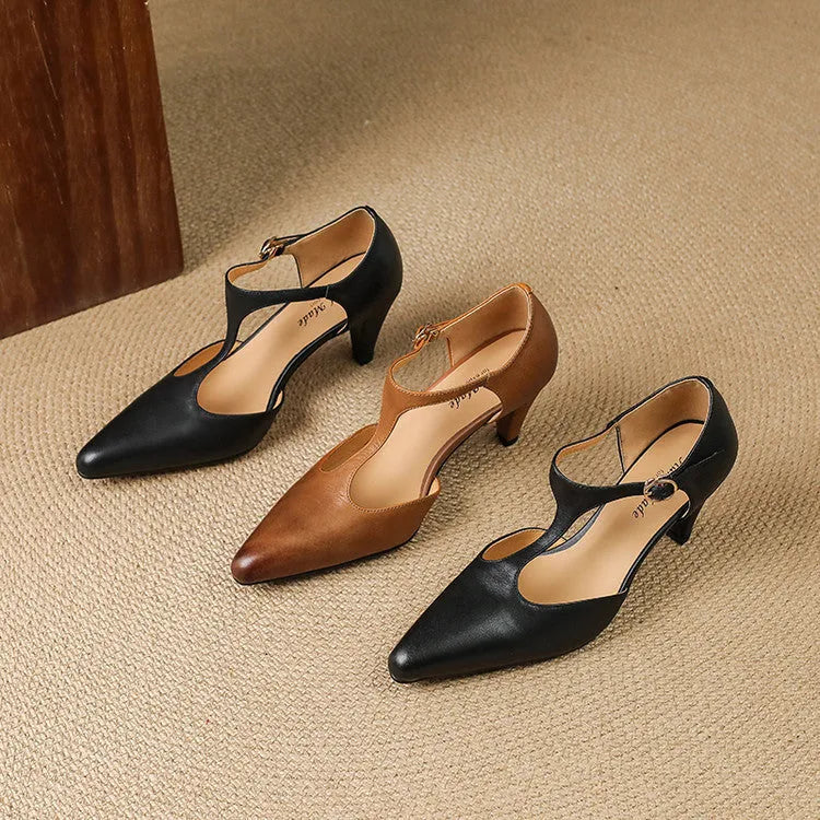 Brown women's leather T-strap sandals with closed toe and block heel