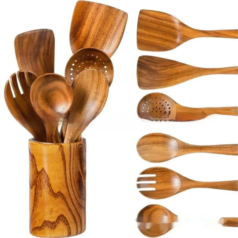 7-piece wooden kitchen utensil set with spoons and spatulas in box packaging