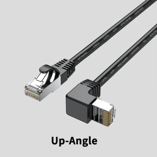 Right-angled Cat6 Ethernet cable with metal connector in various colours including black, red, and yellow.