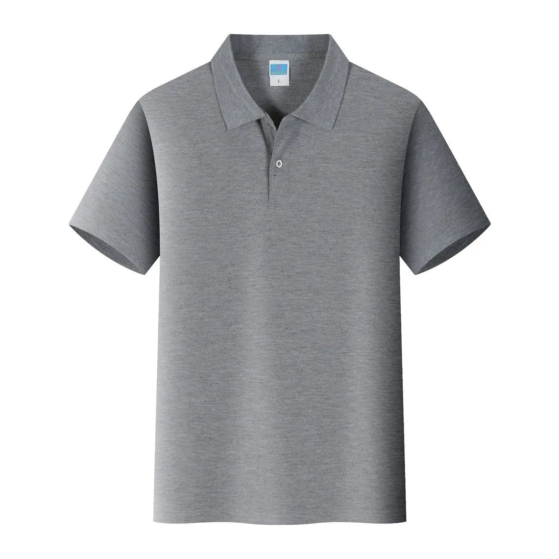Men's short-sleeved cotton work shirt on a hanger, straight pullover style for embroidery.