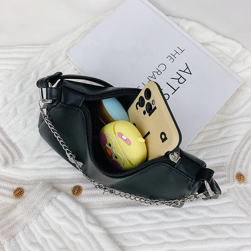 PU leather retro chain underarm bag in horizontal square shape showing crossbody strap and organised interior.