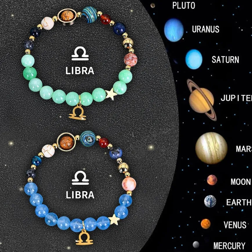 Two natural stone beaded bracelets showing zodiac symbols for all twelve astrology signs