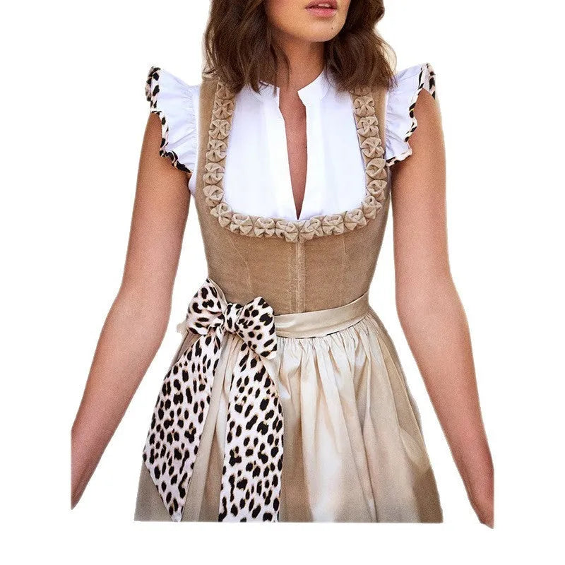 Khaki women's Oktoberfest dirndl dress with elegant styling on a hanger.