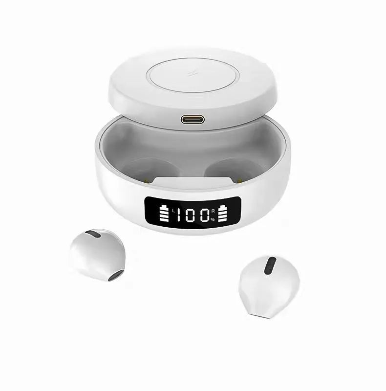 Mini semi-in-ear wireless headphones with charging case in black, colour, or white options