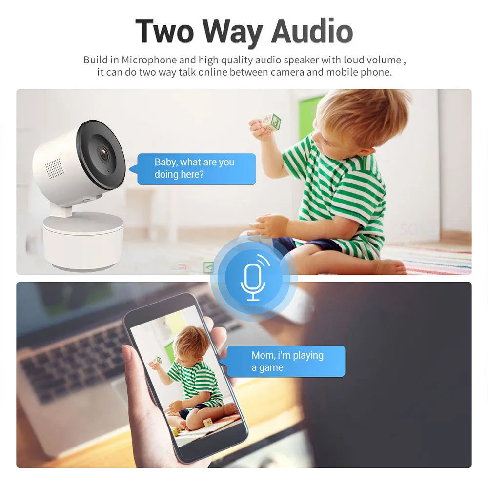 Smart WiFi security camera with PTZ rotation on desktop with mobile app display