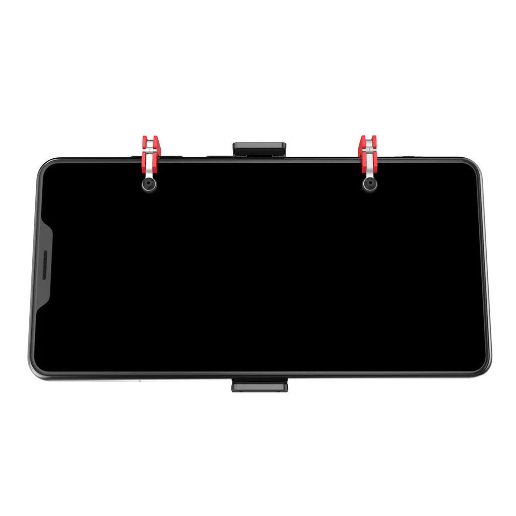 Black mobile phone gaming trigger handle with adjustable metal trigger and telescopic phone clip extended