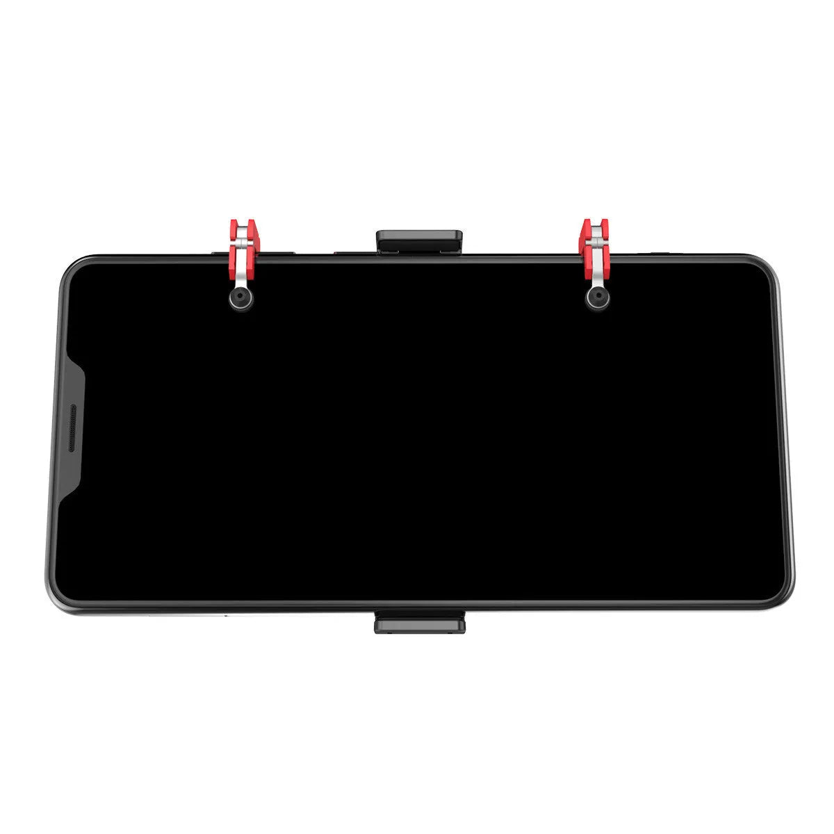 Black mobile phone gaming trigger handle with adjustable metal trigger and telescopic phone clip extended