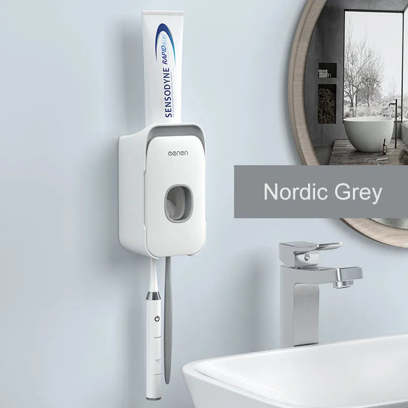Wall-mounted automatic toothpaste dispenser in blue colour with touch sensor.