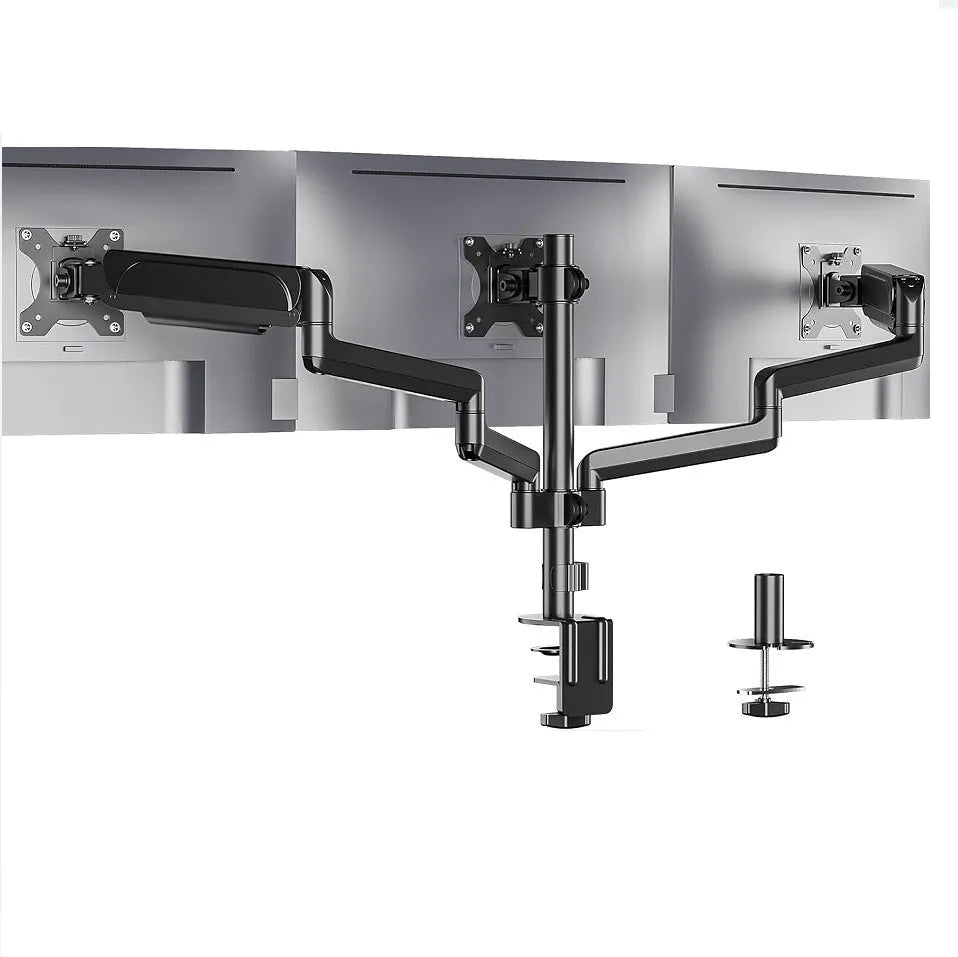 Black aluminium gas spring monitor arm holding a 27-inch computer screen