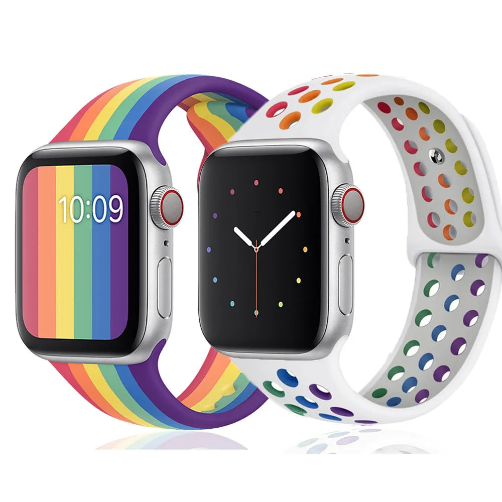 Adjustable silicone sports wristband strap in black, rainbow, or white with a buckle.