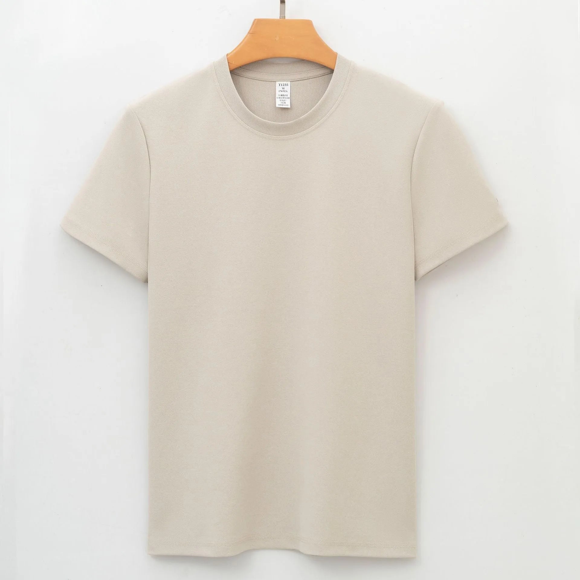 Men's beige short-sleeve antibacterial quick-dry T-shirt laid flat.