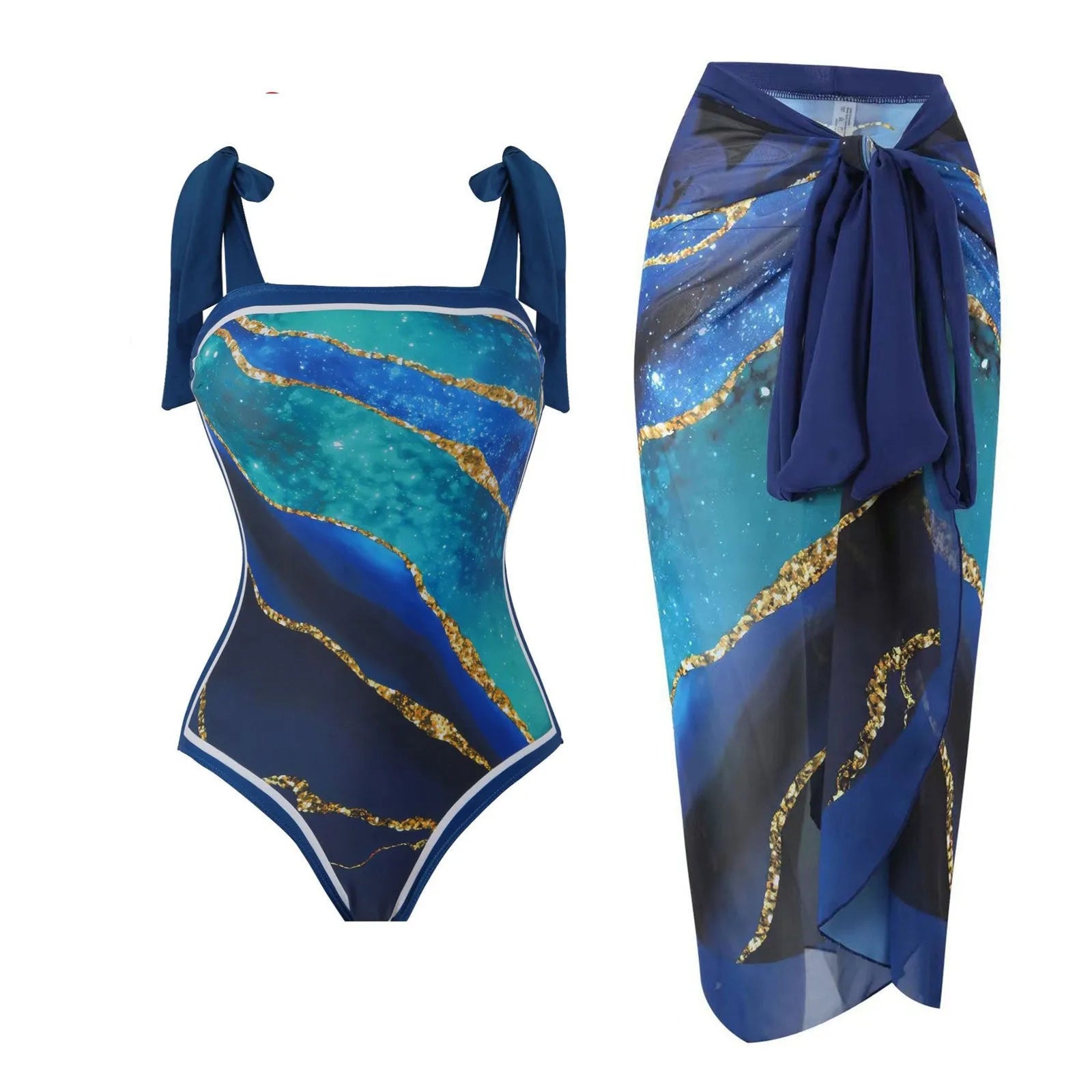 Women's yellow one-piece swimsuit with floral pattern and matching white chiffon skirt.