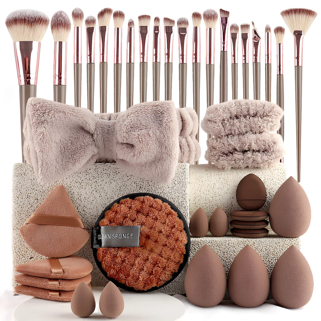40-piece makeup brush set with hydrophilic non-latex bristles in brown, pink, and purple colour options
