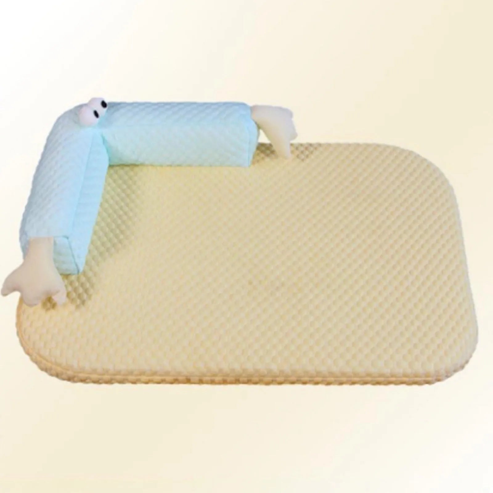 Blue pet cooling mat with big-eyed monster design on a wooden floor, shown in large (L) size.