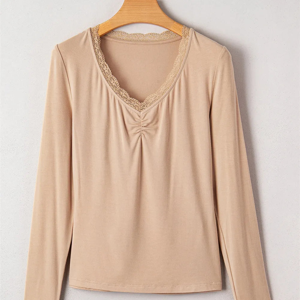Red women's slim fit long sleeve casual top with lace trim detail on the sleeves.