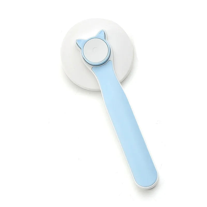 Blue self-cleaning pet slicker brush with ergonomic rubber handle on a grey background.