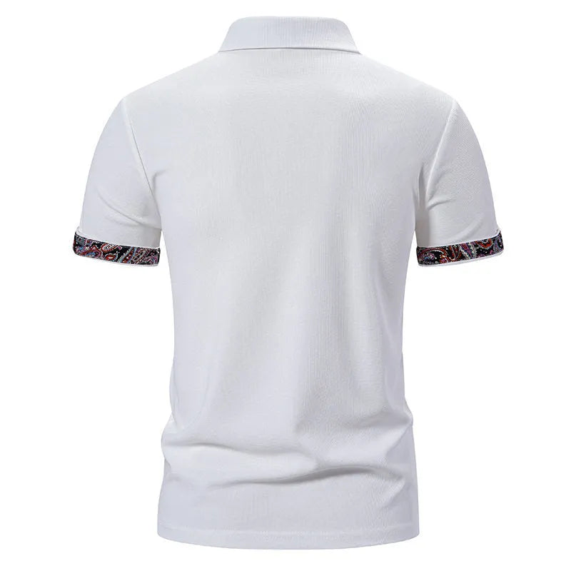 Men's cotton blend polo shirt with turnover collar, short sleeves, and colour stitching in navy blue.