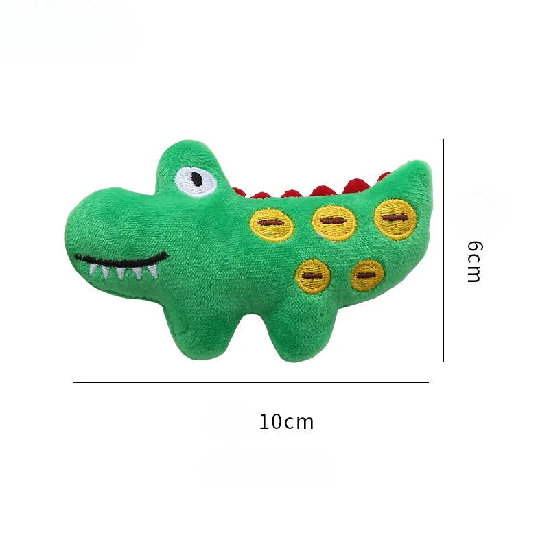 Colourful plush cat toy shaped like a cow, a crocodile, or a parrot on a plain background.