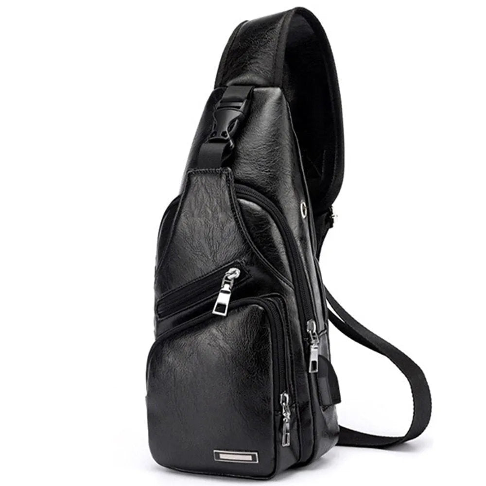 Waterproof one-shoulder messenger bag in black PU fabric, 17x35x6cm, with main and secondary pockets