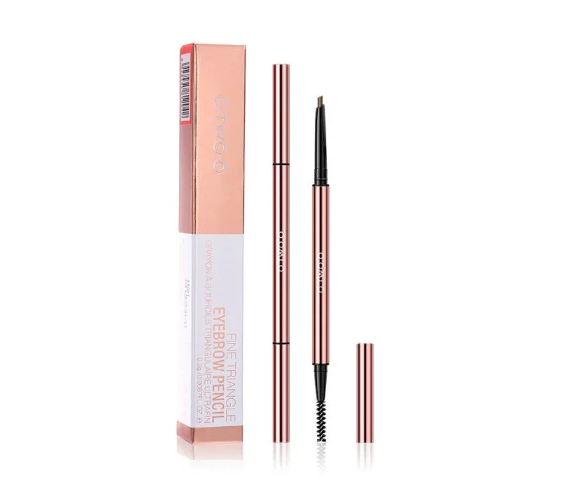 Triangular eyebrow pencil in plastic case with six shade options including blonde, taupe and dark brown