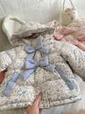 Baby girl floral print hooded winter jacket with bow in blue and white porcelain blue colour