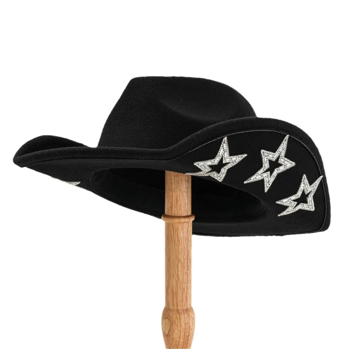 Beige polyester Western denim top hat with a conical crown and a hexagonal star decoration on the front.