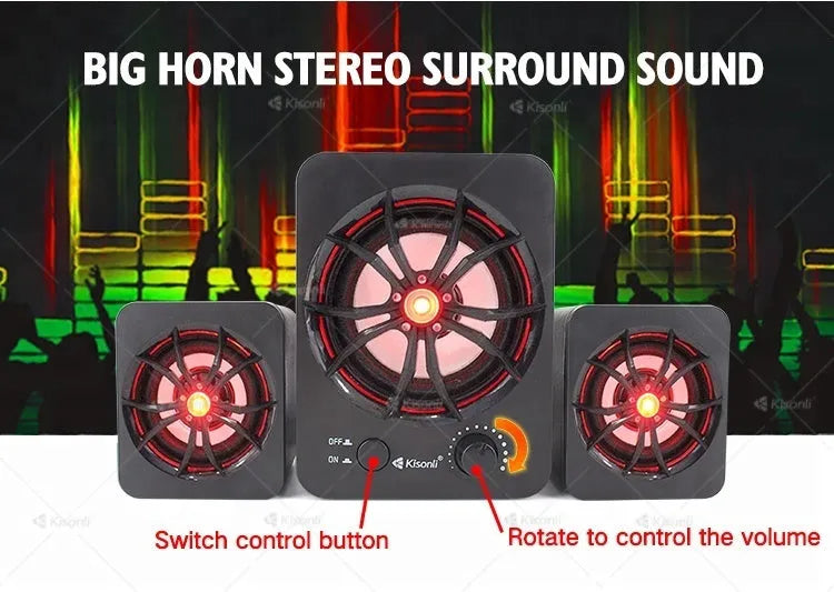 Green U-2600 2.1 USB computer speaker with illuminated colourful LED lights on a desk