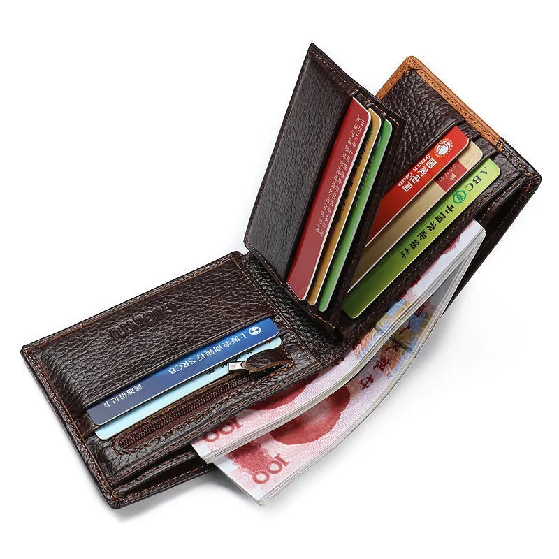 Soft cowhide leather men's wallet with cross-stitch detail, shown open to reveal bill holder, card slots, and zip compartment.