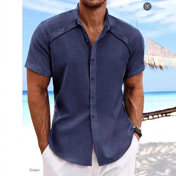 Hawaiian casual short sleeve solid colour cotton blend shirt in matcha green on a hanger
