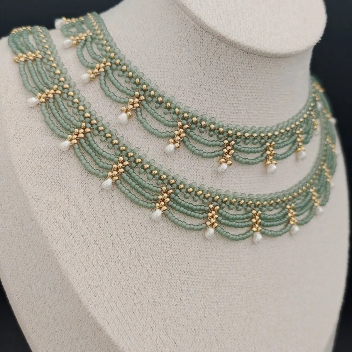 Retro style imitation pearl water drop pendant necklace with double layer lace, women's vintage costume jewellery
