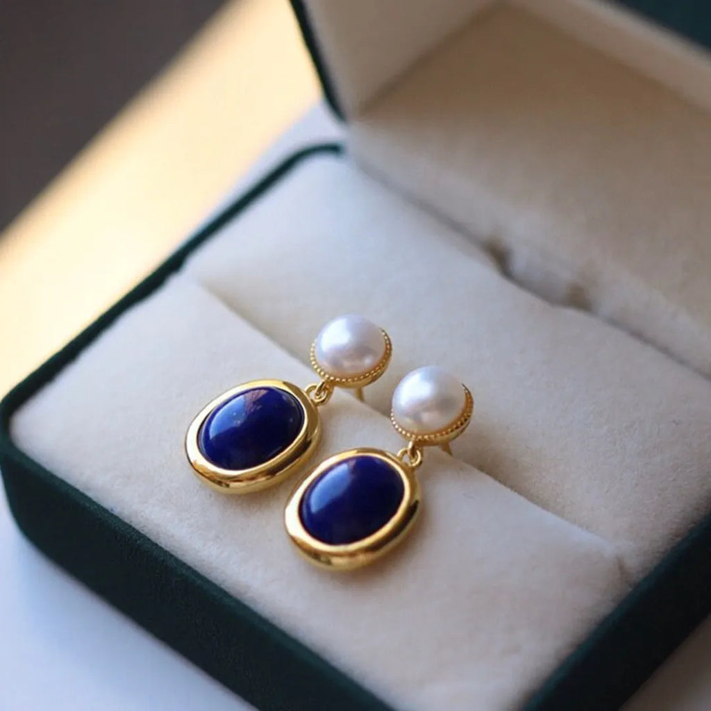 Blue lapis lazuli pearl earrings made from 925 silver with auspicious patterns