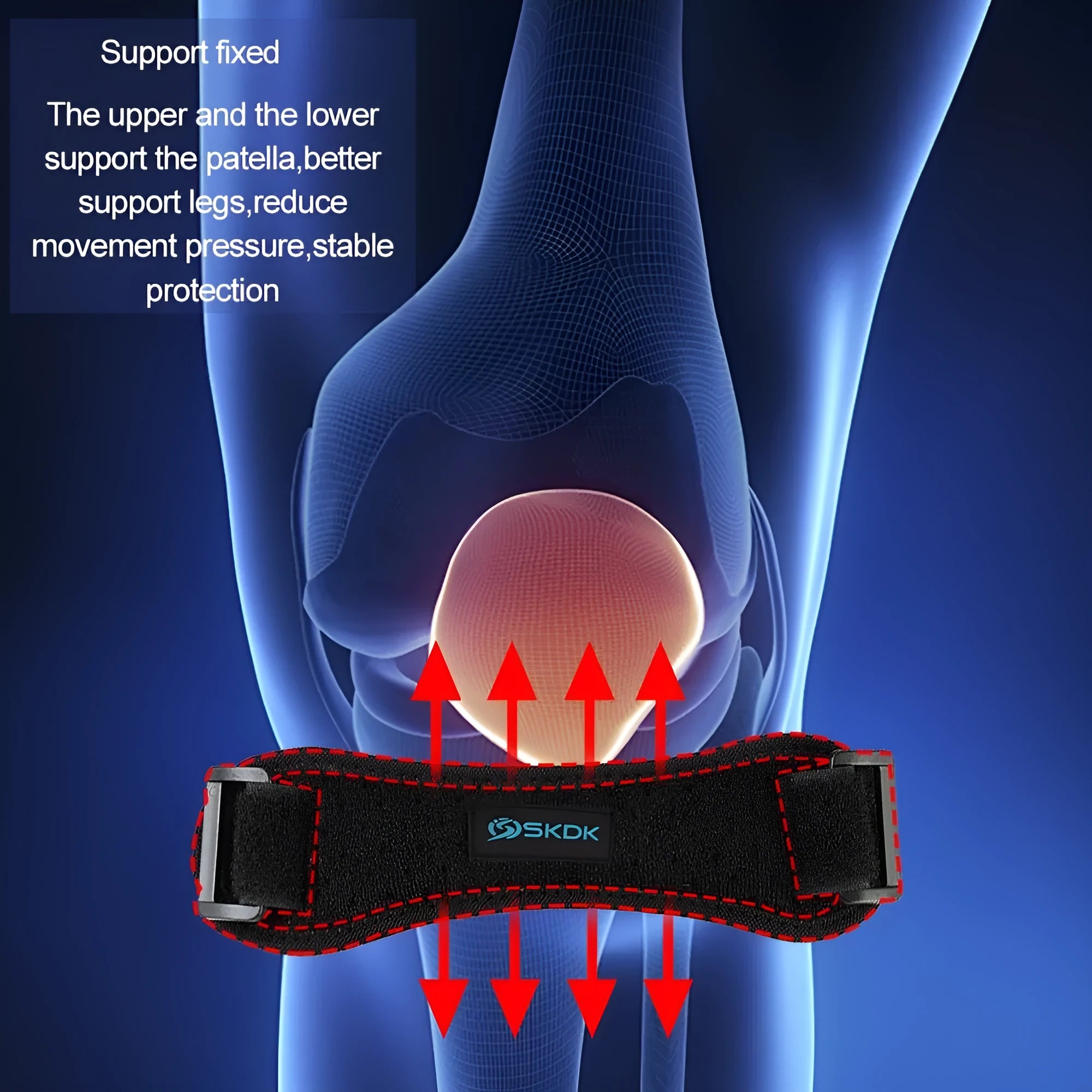 Black sport kneecap with silicone gasket and double-pressure strap for running and hiking support