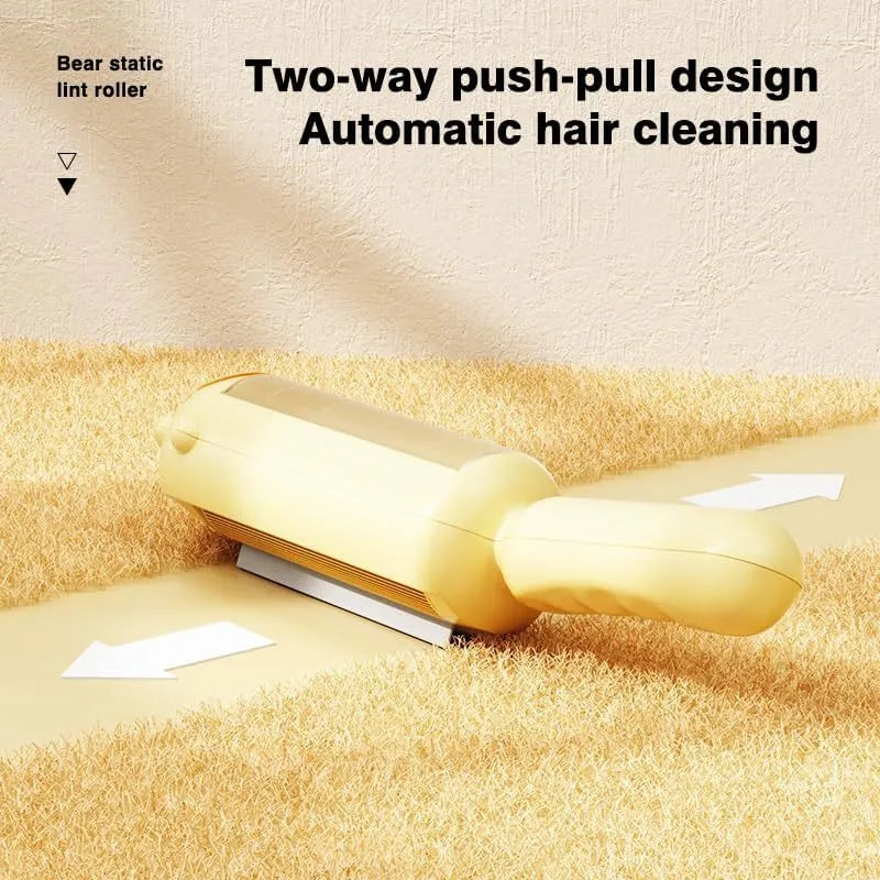 Blue reusable pet hair remover tool with self-cleaning base for furniture and car interiors