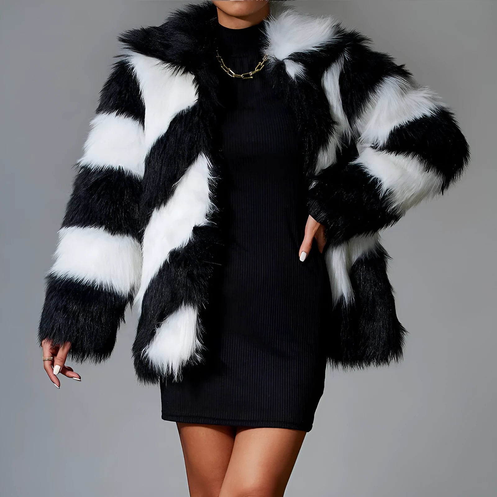 Women's lapel contrast colour coat with faux fur collar in picture colour, shown on model.