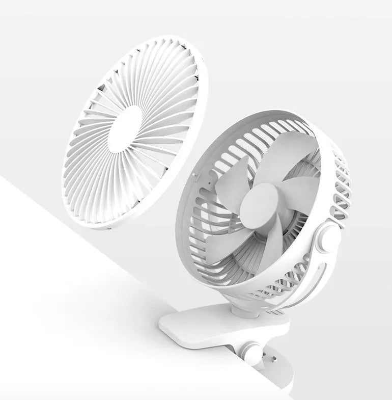 USB mini clip fan in white with 165mm fan head clamped onto a desk edge