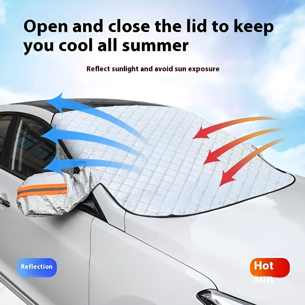 Large aluminium foil winter car cover for SUVs with reflective stripes and magnets.