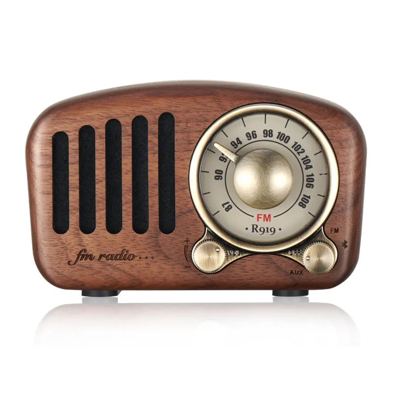 Retro wooden wireless mini speaker in natural wood finish with compact dimensions
