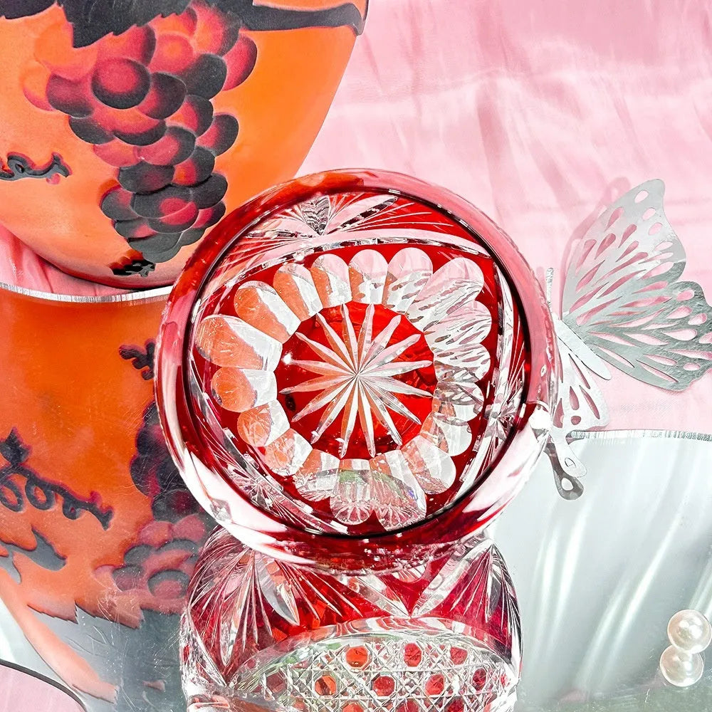 Crystal glass cup with carved pattern, cylindrical shape, 96x65mm, in red and violet colours