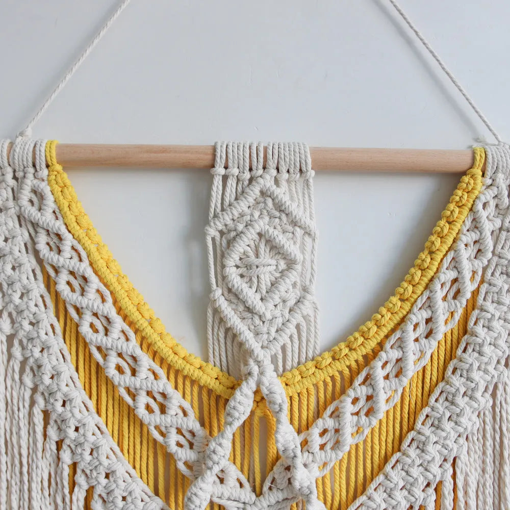 Hand-woven cotton Nordic tapestry 120x95cm creamy white with yellow woven accents
