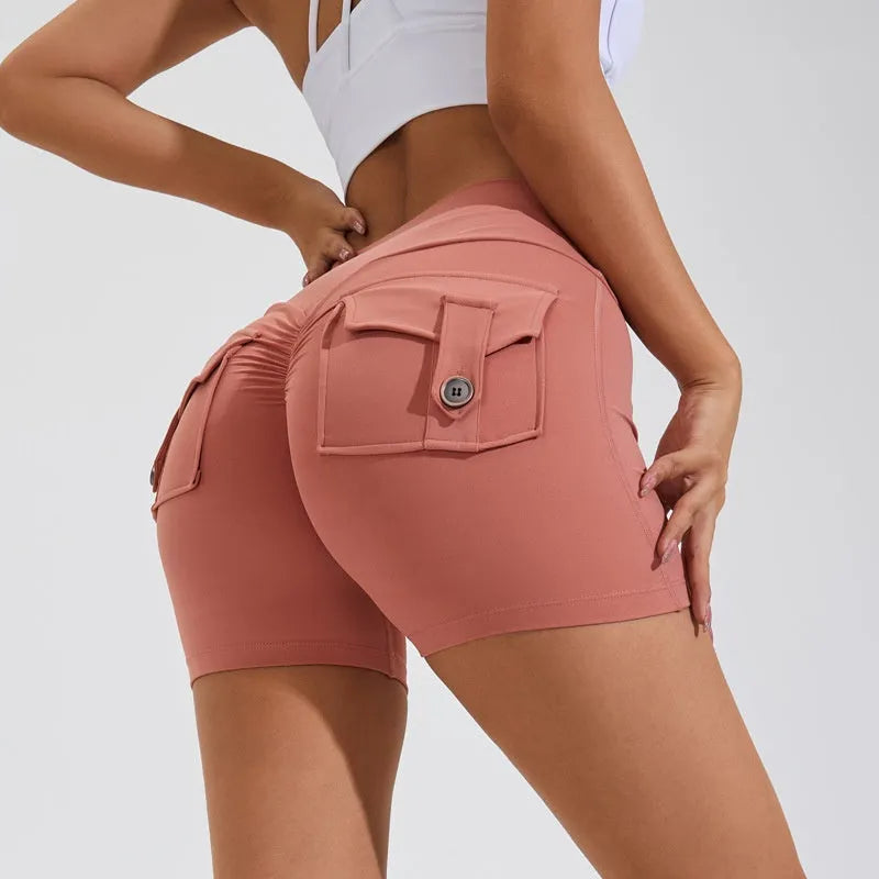 Women's high waist quick-dry nylon sports shorts with pockets in avocado green colour
