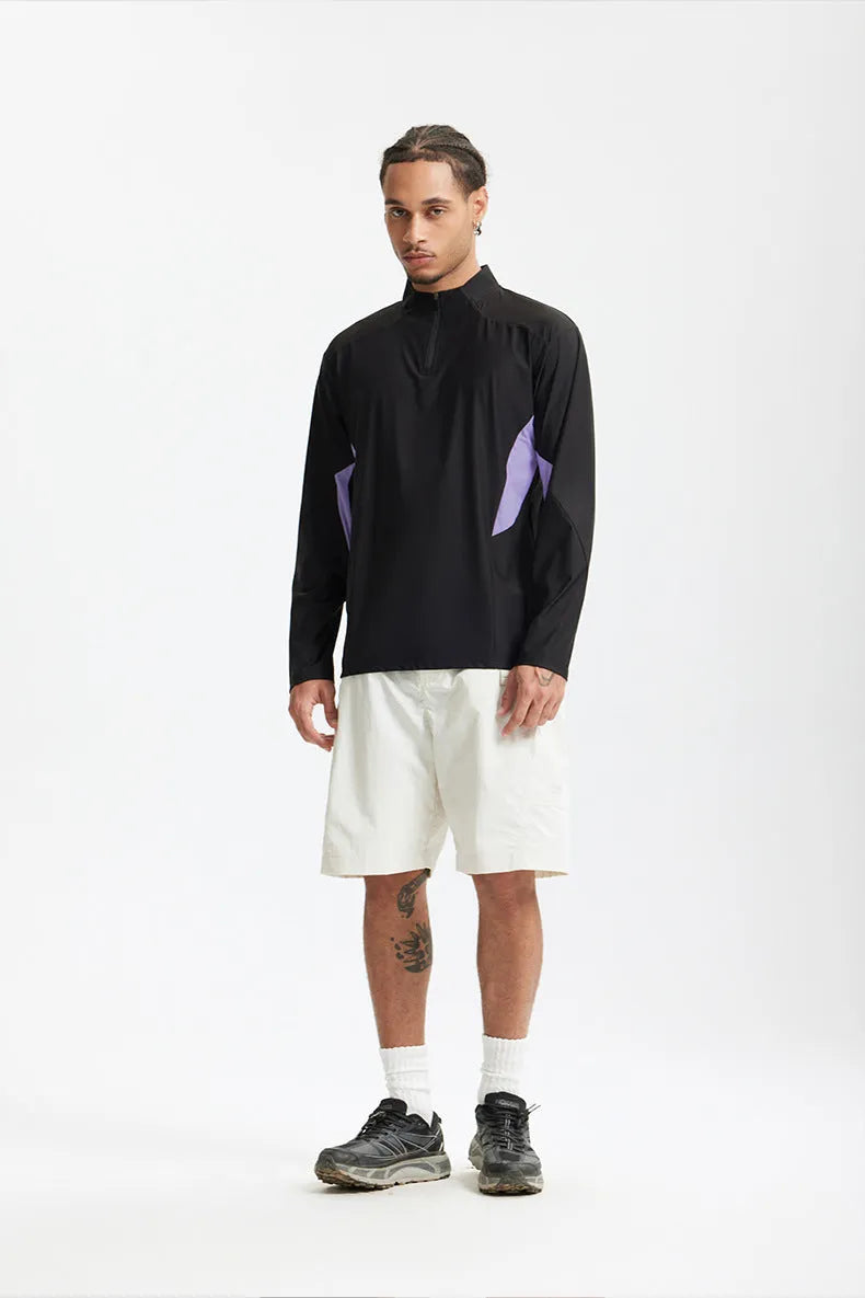 Men's solid colour lightweight polyester top with stitching detail, shown in black and beige for both long and short sleeves.