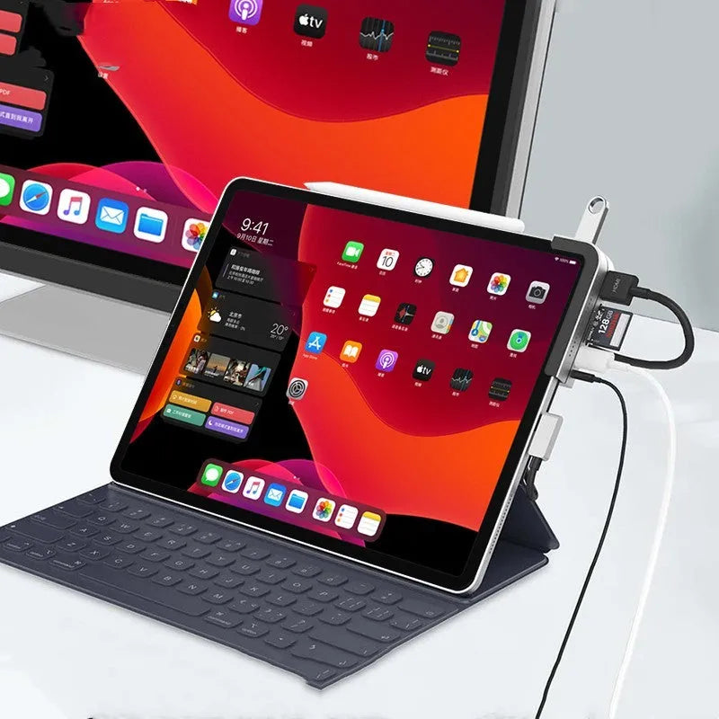 Silver aluminium grey USB-C 6-in-1 docking station for iPad Pro tablets