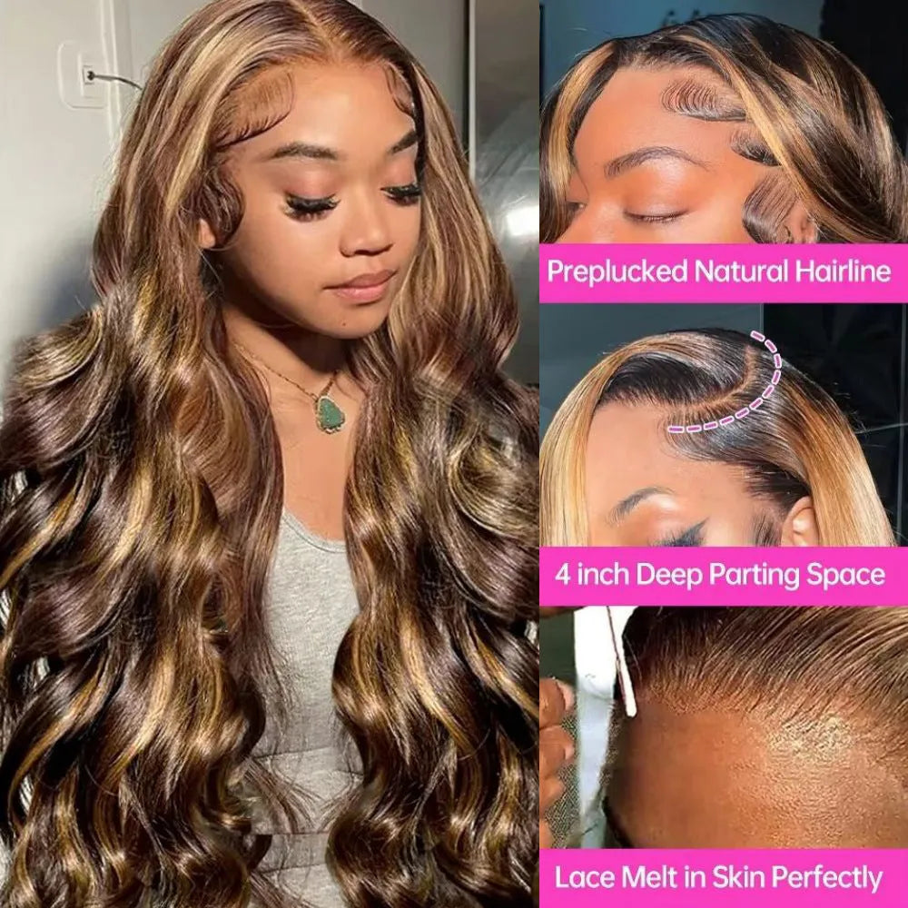 Women's brown big wave lace wig with piano highlights, long curly synthetic hair, available in sizes 12 to 30 inches