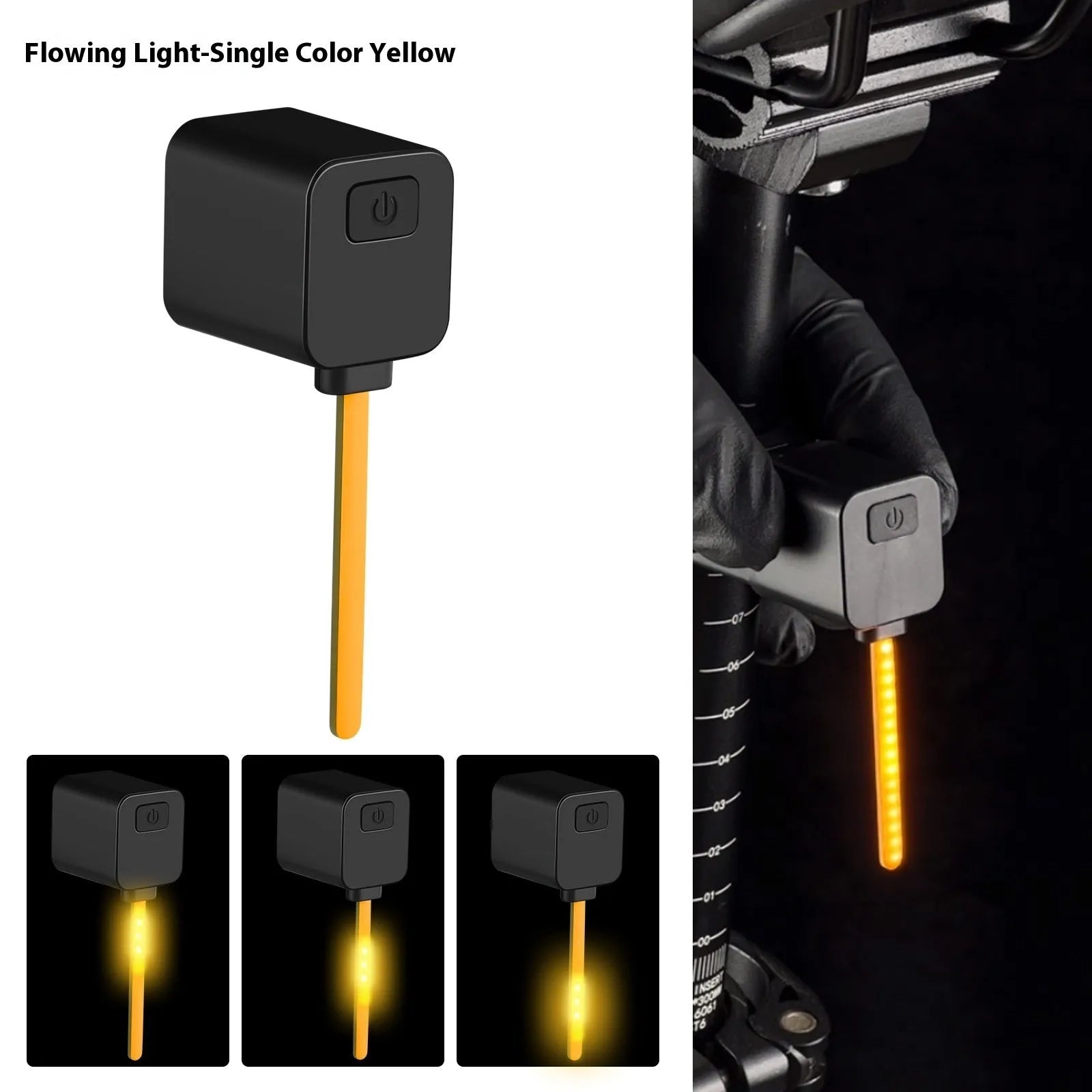 Plug-in bicycle safety taillight with running water LED flashing sequence mounted on a bike seat tube.
