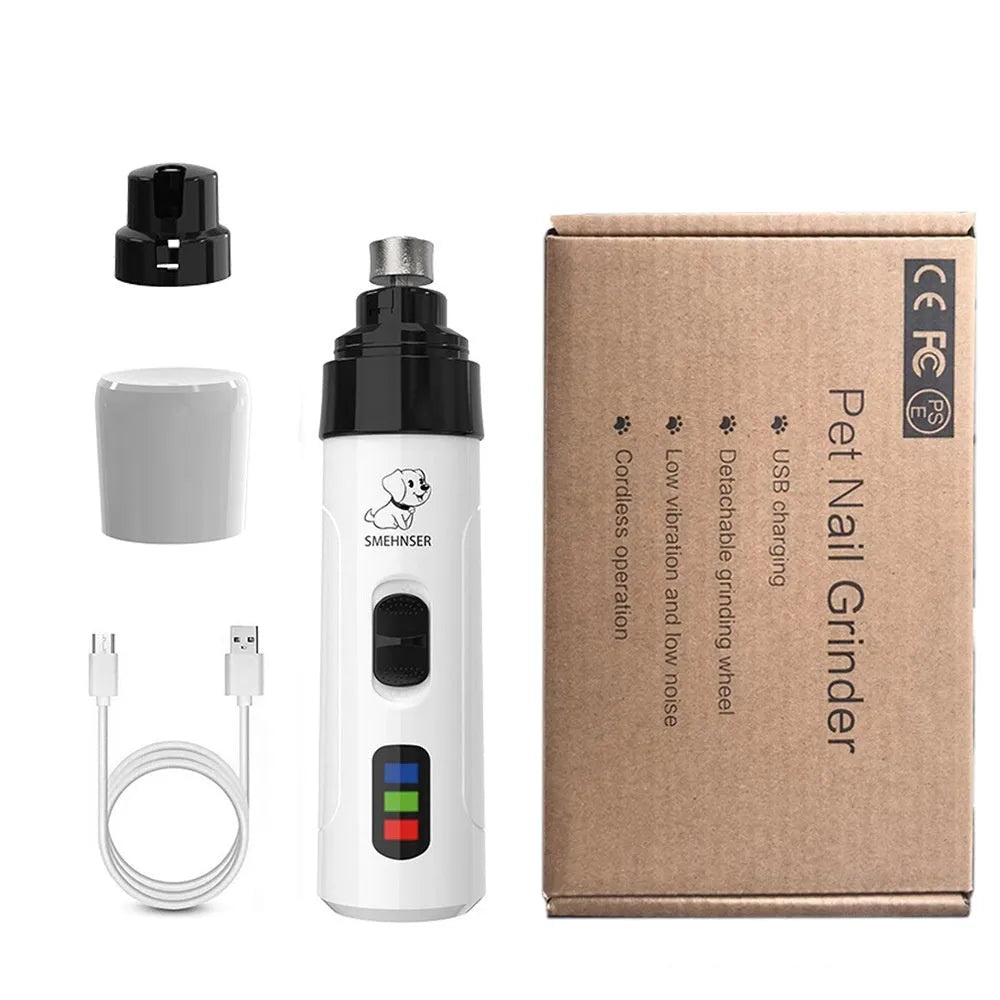 Automatic electric dog nail trimmer with LCD screen, LED lights, and dust collection chamber.